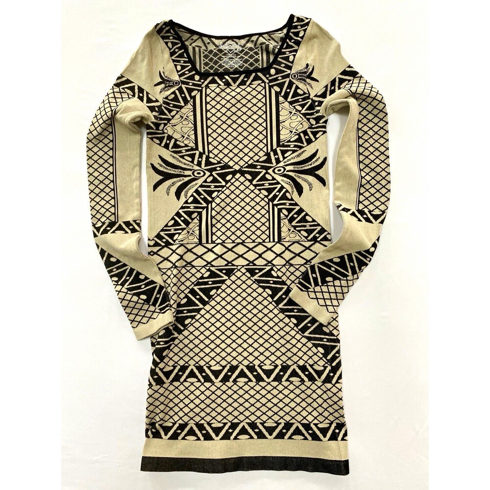 Intimately Free People M/L Beige Black Geometric Bird Knit Square Neck Sweater